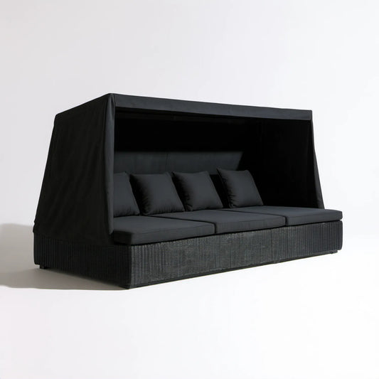 Czarna ogrodowa sofa leżanka z daszkiem 200 x 100 x 150 cm z technorattanu PE i poliestru