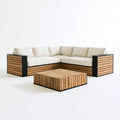 Narożna sofa ogrodowa w kształcie L ze stolikiem, 260 x 190 x 72 cm, beżowo-czarna z naturalnym drewnem akacjowym