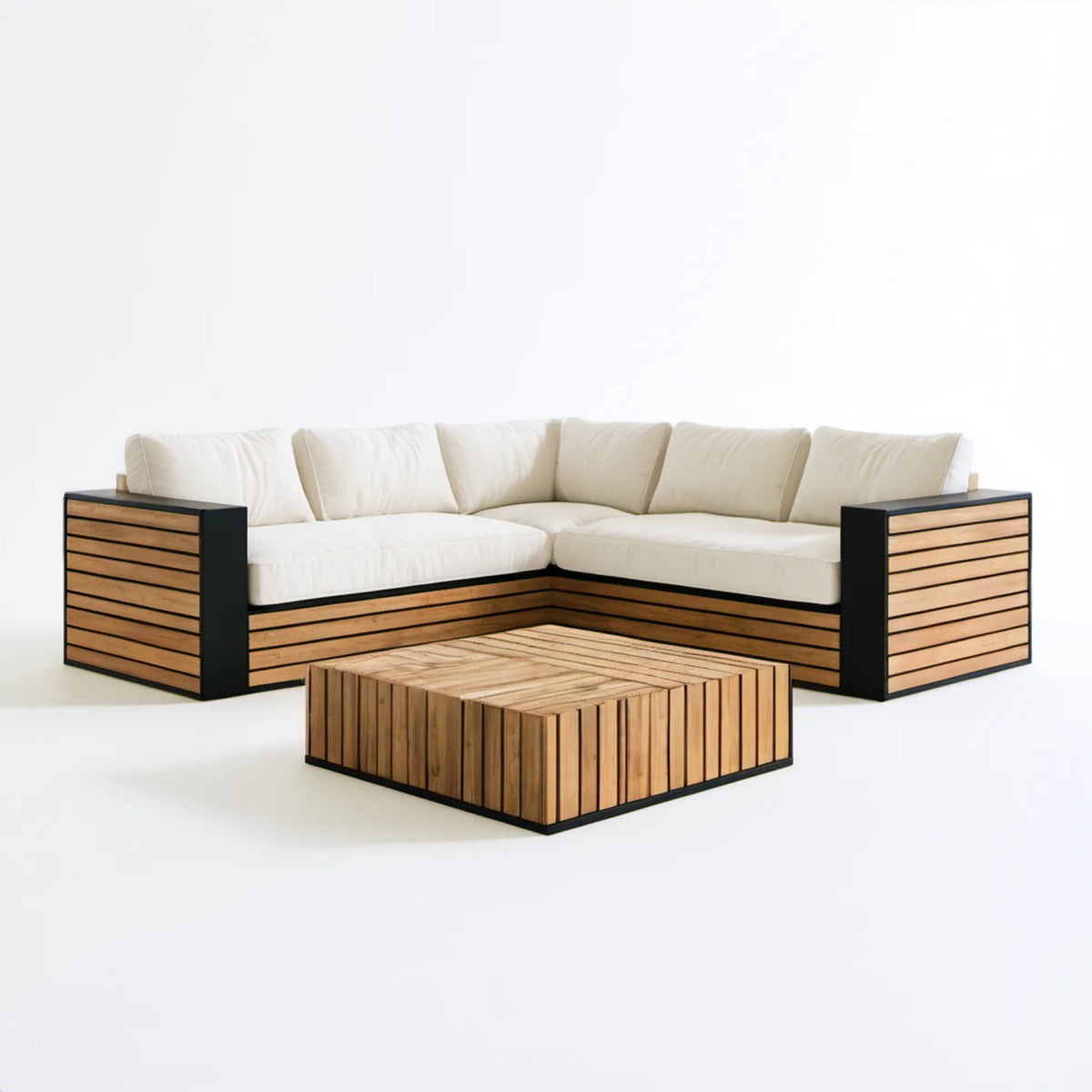 Narożna sofa ogrodowa w kształcie L ze stolikiem, 260 x 190 x 72 cm, beżowo-czarna z naturalnym drewnem akacjowym