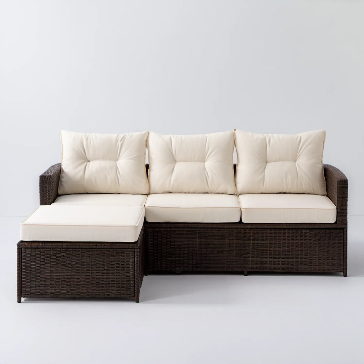 Narożna sofa ogrodowa 3-osobowa z lewostronnym szezlongiem, brązowa/kremowa, 208 × 136 × 65 cm