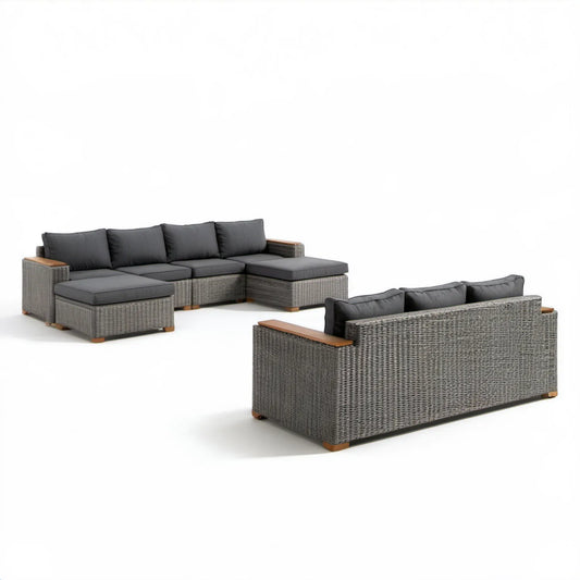Modułowa sofa ogrodowa narożna w kształcie U z technorattanu PE, szara/grafitowa/brązowa, 300 × 160 × 70 cm