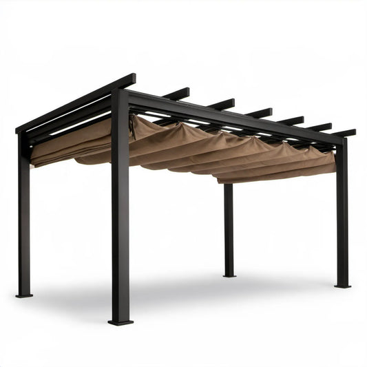 Prostokątna pergola ogrodowa 300 x 400 x 230 cm czarna z beżowym rozsuwanym dachem poliestrowym